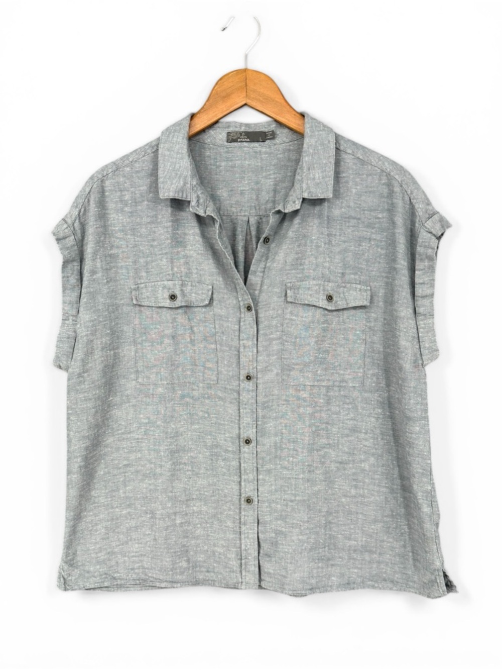 prAna McCray Hemp‑Tencel Camp Shirt Button‑Front Top Grey‑Blue Size Large
